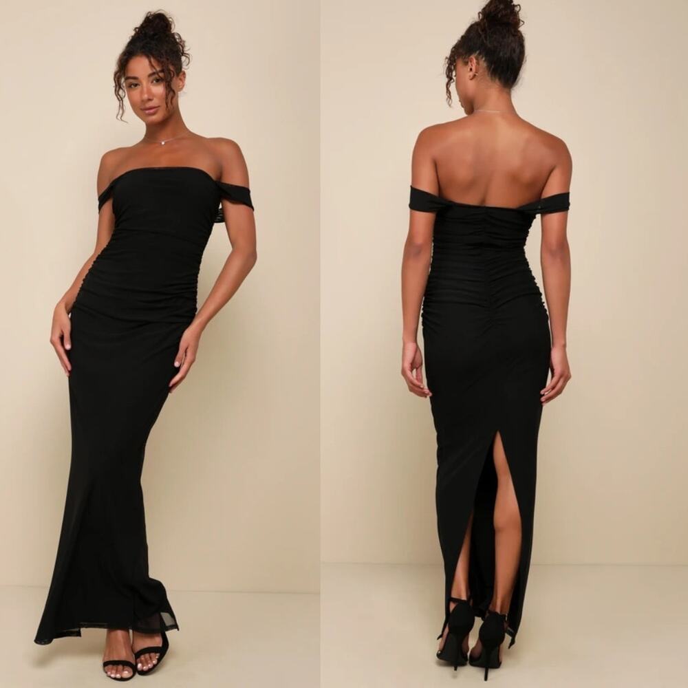 NWT Lulus Amazing Presence Black Mesh Ruched Column Maxi Dress Gala Banquet Sz M